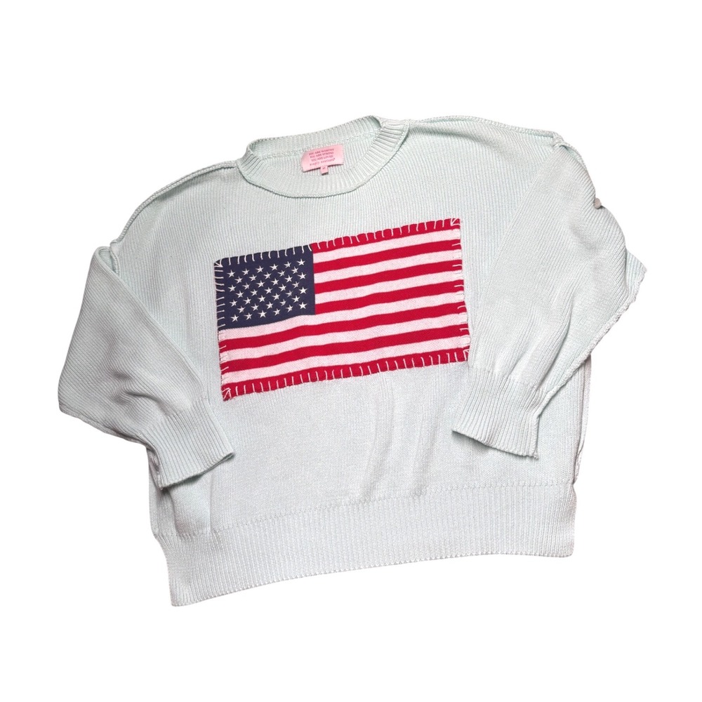 Simply Southern Mint Green American Flag Knit Sweater Womens‎ Medium Cotton